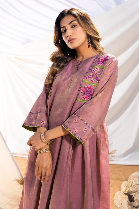 Shop The White Tree Studio Purple Anarkali Handloom Cotton Embroidery Thread Floral And Pant Set Online at Aza Fashions Shop_The White Tree Studio_Purple Anarkali Handloom Cotton Embroidery Thread Floral And Pant Set _Online_at_Aza_Fashions