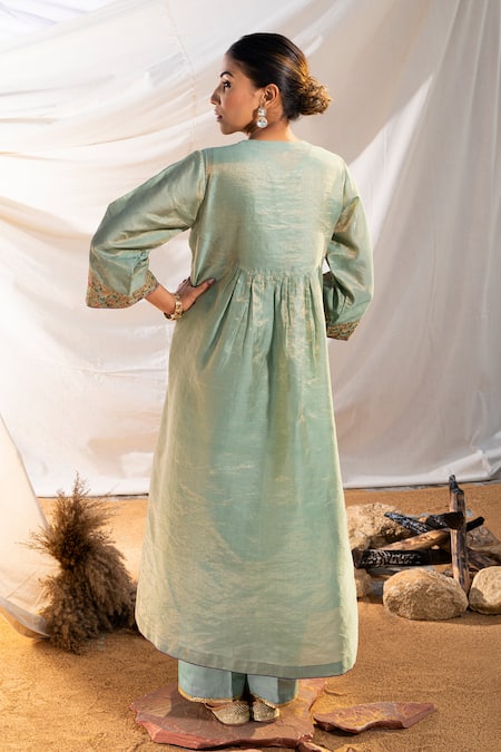 Shop The White Tree Studio Green Handloom , Zari, Embroidery Split Suzani Anarkali And Pant Set at Aza Fashions Shop_The White Tree Studio_Green Handloom , Zari, Embroidery Split Suzani Anarkali And Pant Set _at_Aza_Fashions