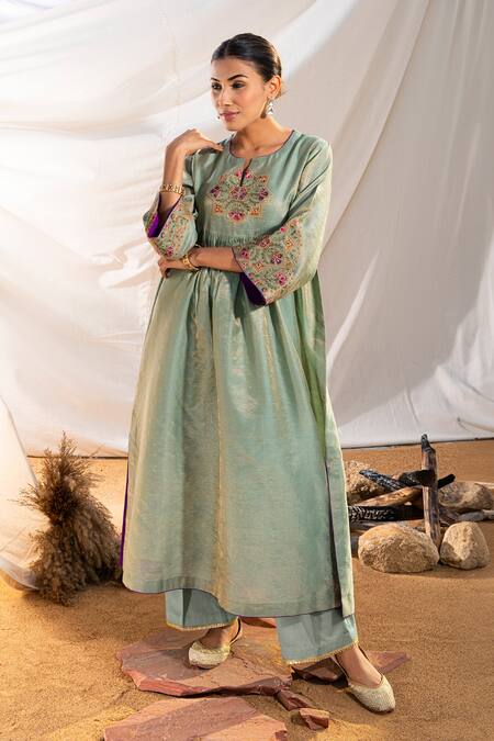 The White Tree Studio Green Handloom , Zari, Embroidery Split Suzani Anarkali And Pant Set Online at Aza Fashions The White Tree Studio_Green Handloom , Zari, Embroidery Split Suzani Anarkali And Pant Set _Online_at_Aza_Fashions