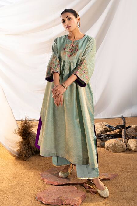 Buy The White Tree Studio Green Handloom , Zari, Embroidery Split Suzani Anarkali And Pant Set Online at Aza Fashions Buy_The White Tree Studio_Green Handloom , Zari, Embroidery Split Suzani Anarkali And Pant Set _Online_at_Aza_Fashions