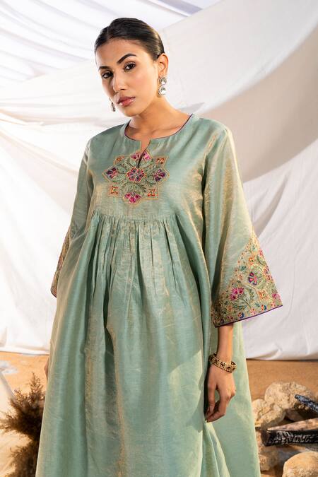 Shop The White Tree Studio Green Handloom , Zari, Embroidery Split Suzani Anarkali And Pant Set Online at Aza Fashions Shop_The White Tree Studio_Green Handloom , Zari, Embroidery Split Suzani Anarkali And Pant Set _Online_at_Aza_Fashions