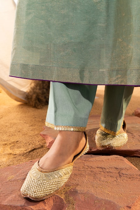 The White Tree Studio Green Handloom , Zari, Embroidery Split Suzani Anarkali And Pant Set at Aza Fashions The White Tree Studio_Green Handloom , Zari, Embroidery Split Suzani Anarkali And Pant Set _at_Aza_Fashions