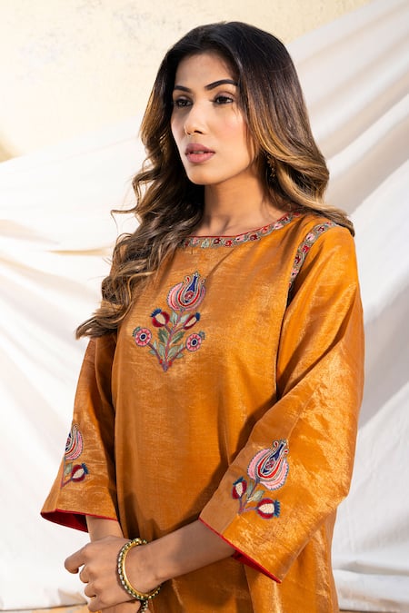 Shop_The White Tree Studio_Orange Anarkali Handloom Cotton Embroidery Suzani Pattern And Pant Set _Online_at_Aza_Fashions