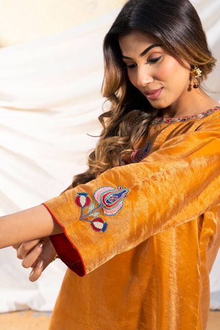 The White Tree Studio_Orange Anarkali Handloom Cotton Embroidery Suzani Pattern And Pant Set _at_Aza_Fashions