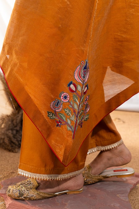 Buy_The White Tree Studio_Orange Anarkali Handloom Cotton Embroidery Suzani Pattern And Pant Set 