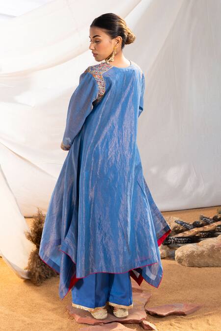 Shop The White Tree Studio Blue Kurta Handloom Cotton Embroidery Thread V Sleeve And Pant Set at Aza Fashions Shop_The White Tree Studio_Blue Kurta Handloom Cotton Embroidery Thread V Sleeve And Pant Set _at_Aza_Fashions