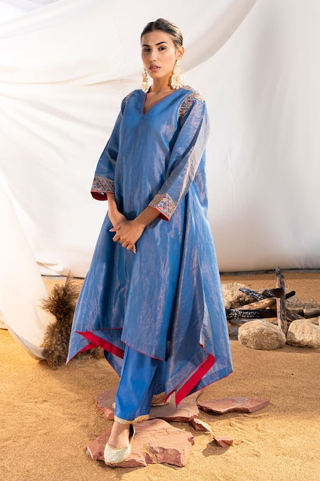 Buy The White Tree Studio Blue Kurta Handloom Cotton Embroidery Thread V Sleeve And Pant Set Online at Aza Fashions Buy_The White Tree Studio_Blue Kurta Handloom Cotton Embroidery Thread V Sleeve And Pant Set _Online_at_Aza_Fashions