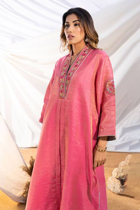 Shop The White Tree Studio Pink Kurta Handloom Cotton Embroidery Thread V Neck And Pant Set Online at Aza Fashions Shop_The White Tree Studio_Pink Kurta Handloom Cotton Embroidery Thread V Neck And Pant Set _Online_at_Aza_Fashions