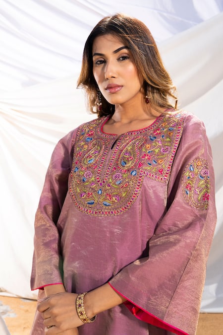Buy The White Tree Studio Purple Kurta Handloom Cotton Embroidery Thread Notched And Pant Set Online at Aza Fashions Buy_The White Tree Studio_Purple Kurta Handloom Cotton Embroidery Thread Notched And Pant Set _Online_at_Aza_Fashions