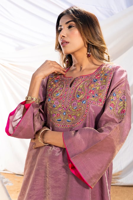 Shop The White Tree Studio Purple Kurta Handloom Cotton Embroidery Thread Notched And Pant Set Online at Aza Fashions Shop_The White Tree Studio_Purple Kurta Handloom Cotton Embroidery Thread Notched And Pant Set _Online_at_Aza_Fashions