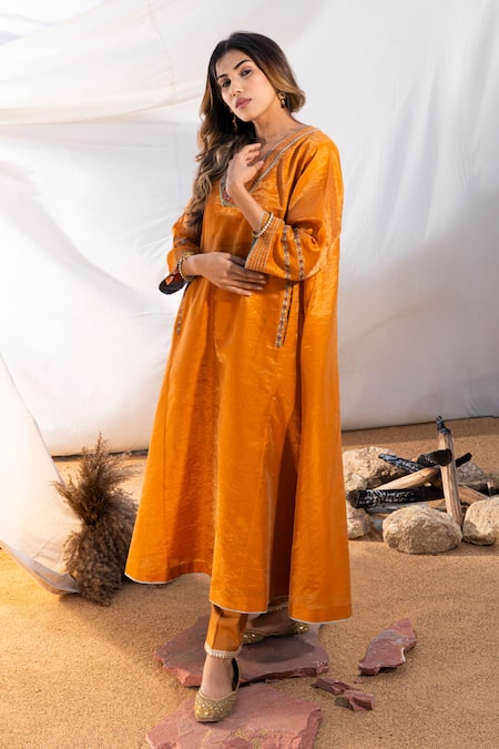 Buy The White Tree Studio Orange Kurta Handloom Cotton Embroidery Thread Neckline And Pant Set Online at Aza Fashions Buy_The White Tree Studio_Orange Kurta Handloom Cotton Embroidery Thread Neckline And Pant Set _Online_at_Aza_Fashions