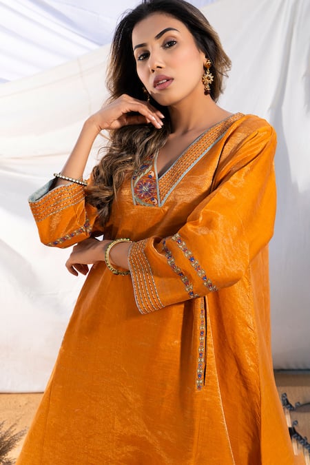 Shop The White Tree Studio Orange Kurta Handloom Cotton Embroidery Thread Neckline And Pant Set Online at Aza Fashions Shop_The White Tree Studio_Orange Kurta Handloom Cotton Embroidery Thread Neckline And Pant Set _Online_at_Aza_Fashions