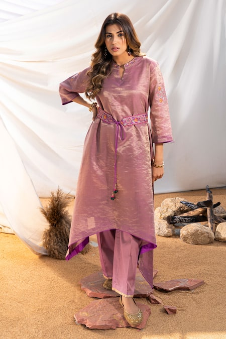 The White Tree Studio Purple Kurta Handloom Cotton Embroidery Thread Mandarin And Pant Set Online at Aza Fashions The White Tree Studio_Purple Kurta Handloom Cotton Embroidery Thread Mandarin And Pant Set _Online_at_Aza_Fashions