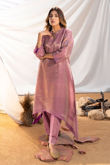 Buy The White Tree Studio Purple Kurta Handloom Cotton Embroidery Thread Mandarin And Pant Set Online at Aza Fashions Buy_The White Tree Studio_Purple Kurta Handloom Cotton Embroidery Thread Mandarin And Pant Set _Online_at_Aza_Fashions