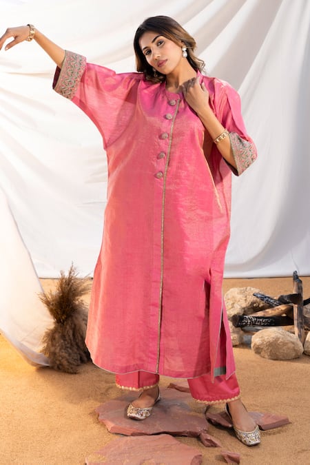 Shop The White Tree Studio Pink Kurta Handloom Cotton Embroidery Thread Sleeve And Pant Set Online at Aza Fashions Shop_The White Tree Studio_Pink Kurta Handloom Cotton Embroidery Thread Sleeve And Pant Set _Online_at_Aza_Fashions