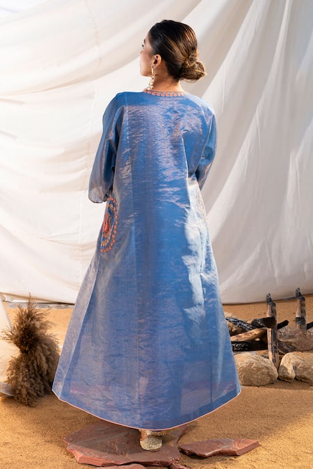 Shop The White Tree Studio Blue Kurta Handloom Cotton Embroidery Suzani Placket And Pant Set at Aza Fashions Shop_The White Tree Studio_Blue Kurta Handloom Cotton Embroidery Suzani Placket And Pant Set _at_Aza_Fashions