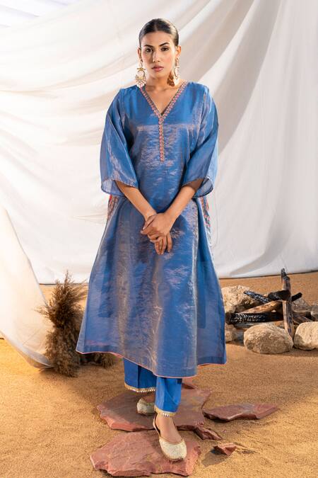 The White Tree Studio Blue Kurta Handloom Cotton Embroidery Suzani Placket And Pant Set Online at Aza Fashions The White Tree Studio_Blue Kurta Handloom Cotton Embroidery Suzani Placket And Pant Set _Online_at_Aza_Fashions