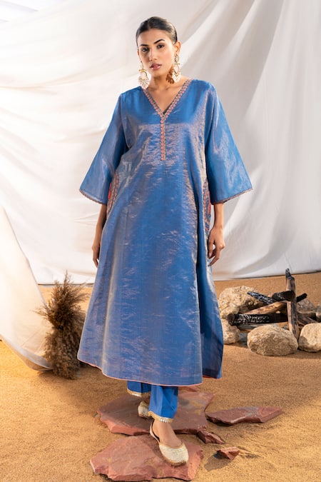 Buy The White Tree Studio Blue Kurta Handloom Cotton Embroidery Suzani Placket And Pant Set Online at Aza Fashions Buy_The White Tree Studio_Blue Kurta Handloom Cotton Embroidery Suzani Placket And Pant Set _Online_at_Aza_Fashions