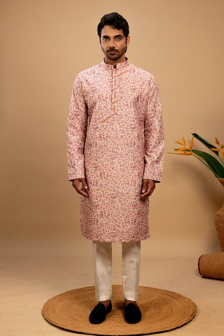 Agape_Peach Cotton Print Floral Blossom Kurta With Pant_Online_at_Aza_Fashions