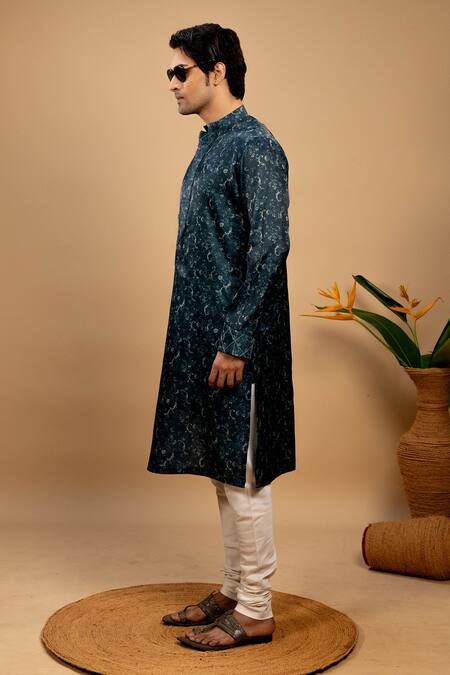 Agape_Blue Silk Print Floral Vine Kurta With Churidar_Online_at_Aza_Fashions
