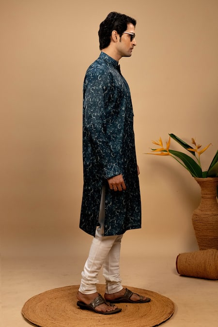 Buy_Agape_Blue Silk Print Floral Vine Kurta With Churidar_Online_at_Aza_Fashions