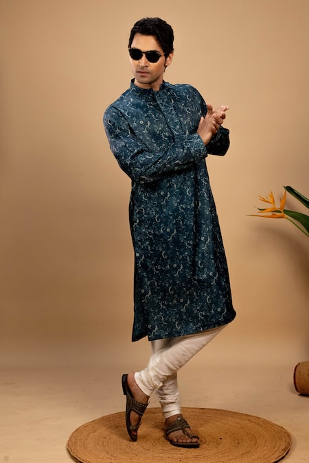 Shop_Agape_Blue Silk Print Floral Vine Kurta With Churidar_Online_at_Aza_Fashions
