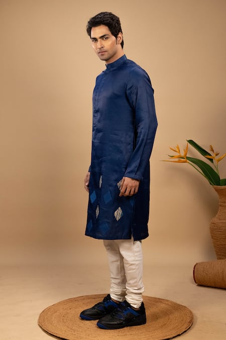 Agape_Blue Silk Applique Diamond Placement Kurta With Churidar_Online_at_Aza_Fashions