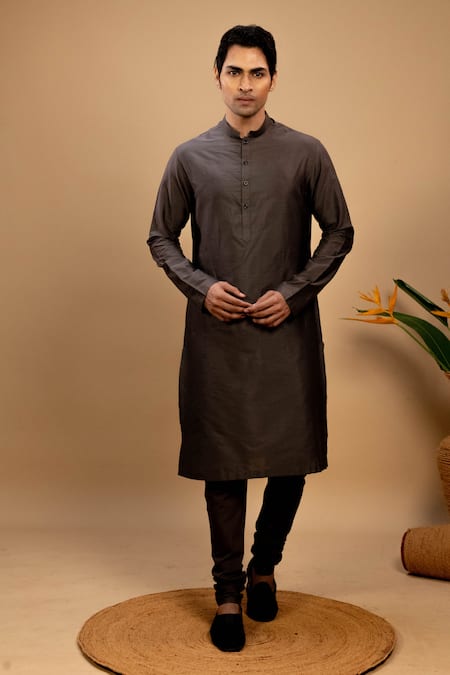 Agape Grey Cotton Silk Plain Kurta With Churidar 