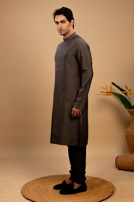 Agape Grey Cotton Silk Plain Kurta With Churidar Online at Aza Fashions Agape_Grey Cotton Silk Plain Kurta With Churidar_Online_at_Aza_Fashions