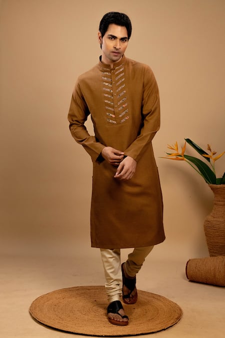 Agape Beige Handloom Cotton Plain Kurta With Churidar 