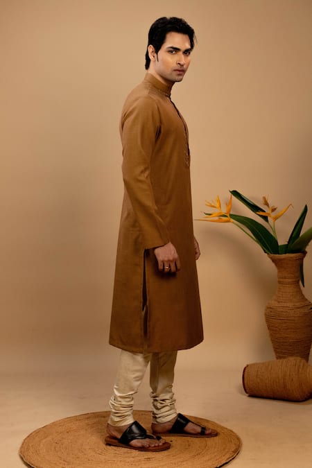 Shop_Agape_Beige Handloom Cotton Plain Kurta With Churidar_Online_at_Aza_Fashions