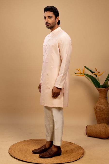 Buy_Agape_Peach Cotton Applique Cord Kurta With Trouser_Online_at_Aza_Fashions