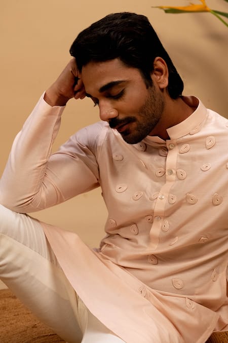 Agape_Peach Cotton Applique Cord Kurta With Trouser_at_Aza_Fashions
