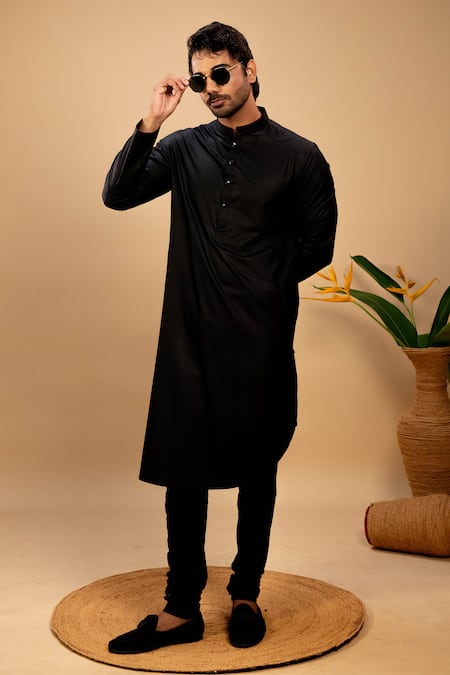 Agape Black Silk Plain Asymmetric Hem Kurta With Churidar 