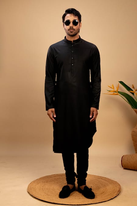 Agape_Black Silk Plain Asymmetric Hem Kurta With Churidar_Online_at_Aza_Fashions