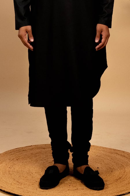 Buy_Agape_Black Silk Plain Asymmetric Hem Kurta With Churidar_Online_at_Aza_Fashions