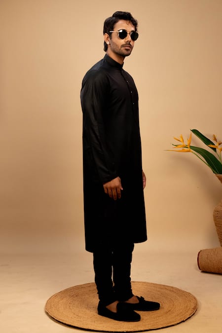 Shop_Agape_Black Silk Plain Asymmetric Hem Kurta With Churidar_Online_at_Aza_Fashions