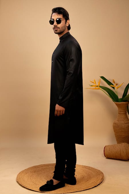 Agape_Black Silk Plain Asymmetric Hem Kurta With Churidar_at_Aza_Fashions