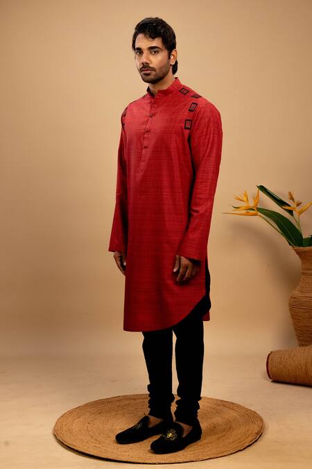 Agape Red Handloom Cotton Placement Applique Square Kurta With Churidar Online at Aza Fashions Agape_Red Handloom Cotton Placement Applique Square Kurta With Churidar_Online_at_Aza_Fashions