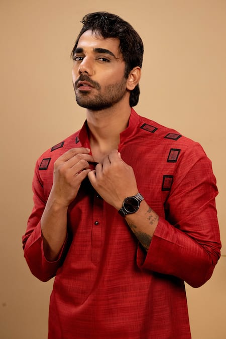 Buy Agape Red Handloom Cotton Placement Applique Square Kurta With Churidar Buy_Agape_Red Handloom Cotton Placement Applique Square Kurta With Churidar