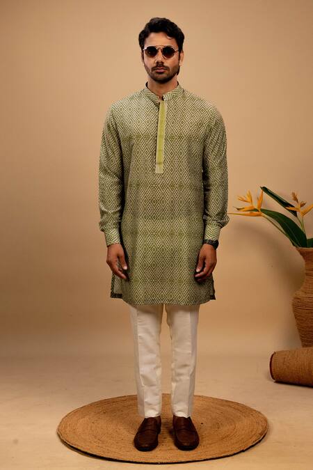 Agape_Green Silk Print Diamond Kurta With Trouser_Online_at_Aza_Fashions