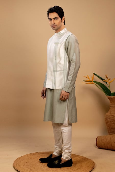 Agape_Silver Cotton, Silk Pintuck Pattern Bundi Kurta Set_Online_at_Aza_Fashions