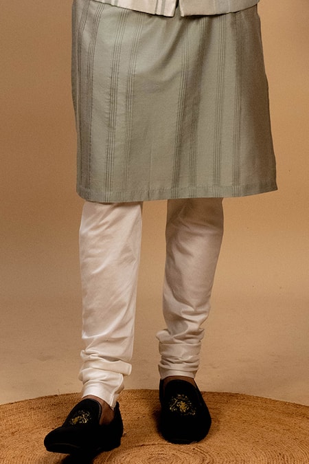 Shop_Agape_Silver Cotton, Silk Pintuck Pattern Bundi Kurta Set_Online_at_Aza_Fashions