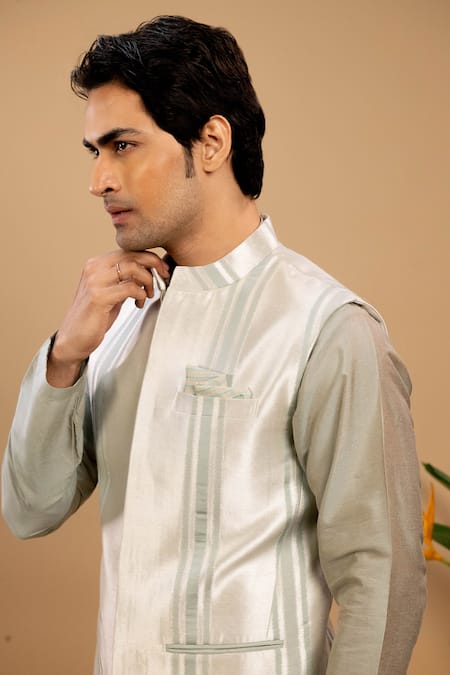 Agape_Silver Cotton, Silk Pintuck Pattern Bundi Kurta Set_at_Aza_Fashions