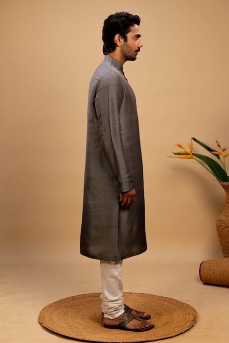 Agape_Gray Silk Embroidery, Patchwork Floral Quilted Bundi Kurta Set_Online_at_Aza_Fashions