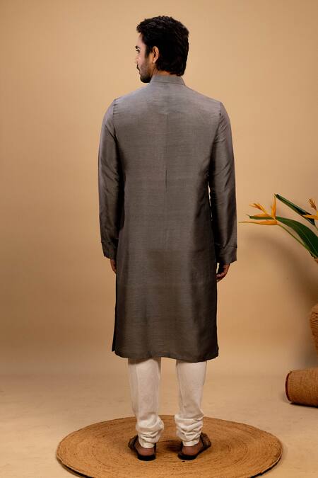 Buy_Agape_Gray Silk Embroidery, Patchwork Floral Quilted Bundi Kurta Set_Online_at_Aza_Fashions