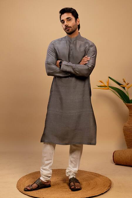 Shop_Agape_Gray Silk Embroidery, Patchwork Floral Quilted Bundi Kurta Set_Online_at_Aza_Fashions