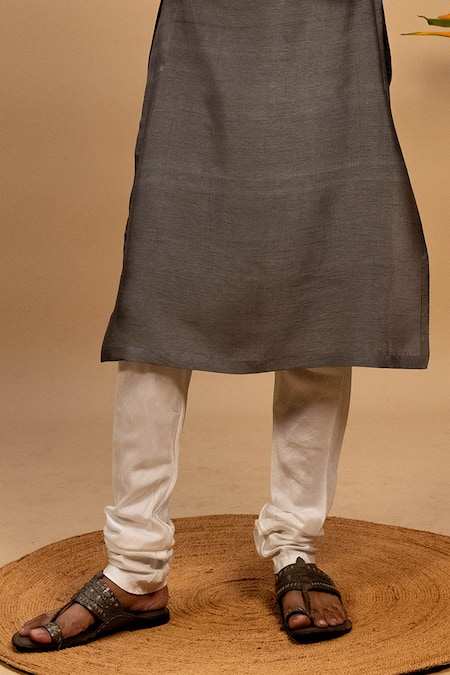 Agape_Gray Silk Embroidery, Patchwork Floral Quilted Bundi Kurta Set_at_Aza_Fashions