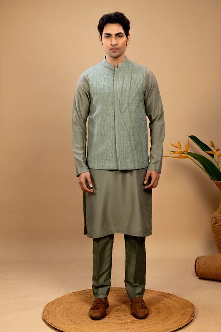 Shop Agape Green Silk Bundi Kurta Set Online at Aza Fashions Shop_Agape_Green Silk Bundi Kurta Set_Online_at_Aza_Fashions