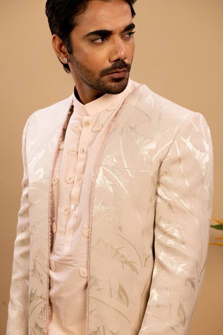 Agape_Peach Suiting Applique Cord Abstract Leaf Vine Pattern Bundi Kurta Set_Online_at_Aza_Fashions